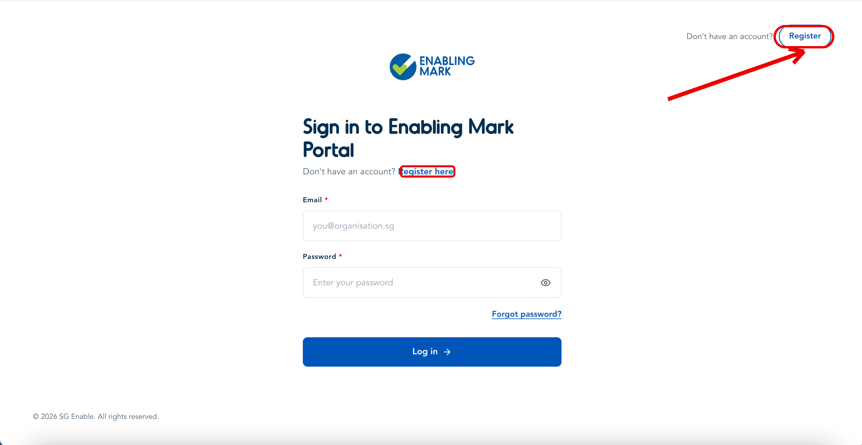 Register button and link highlighted on the login page