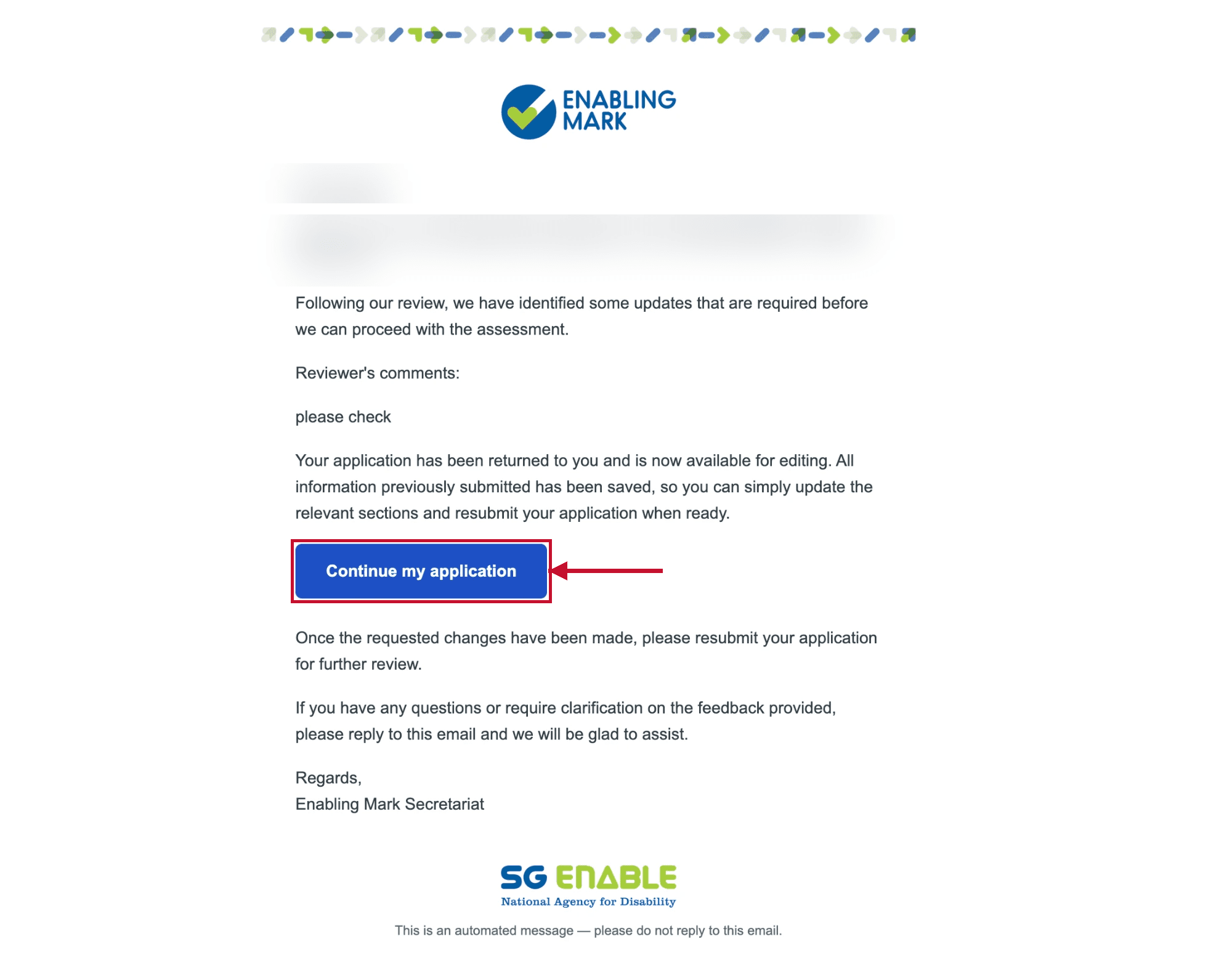 Email notification when application is returned for changes