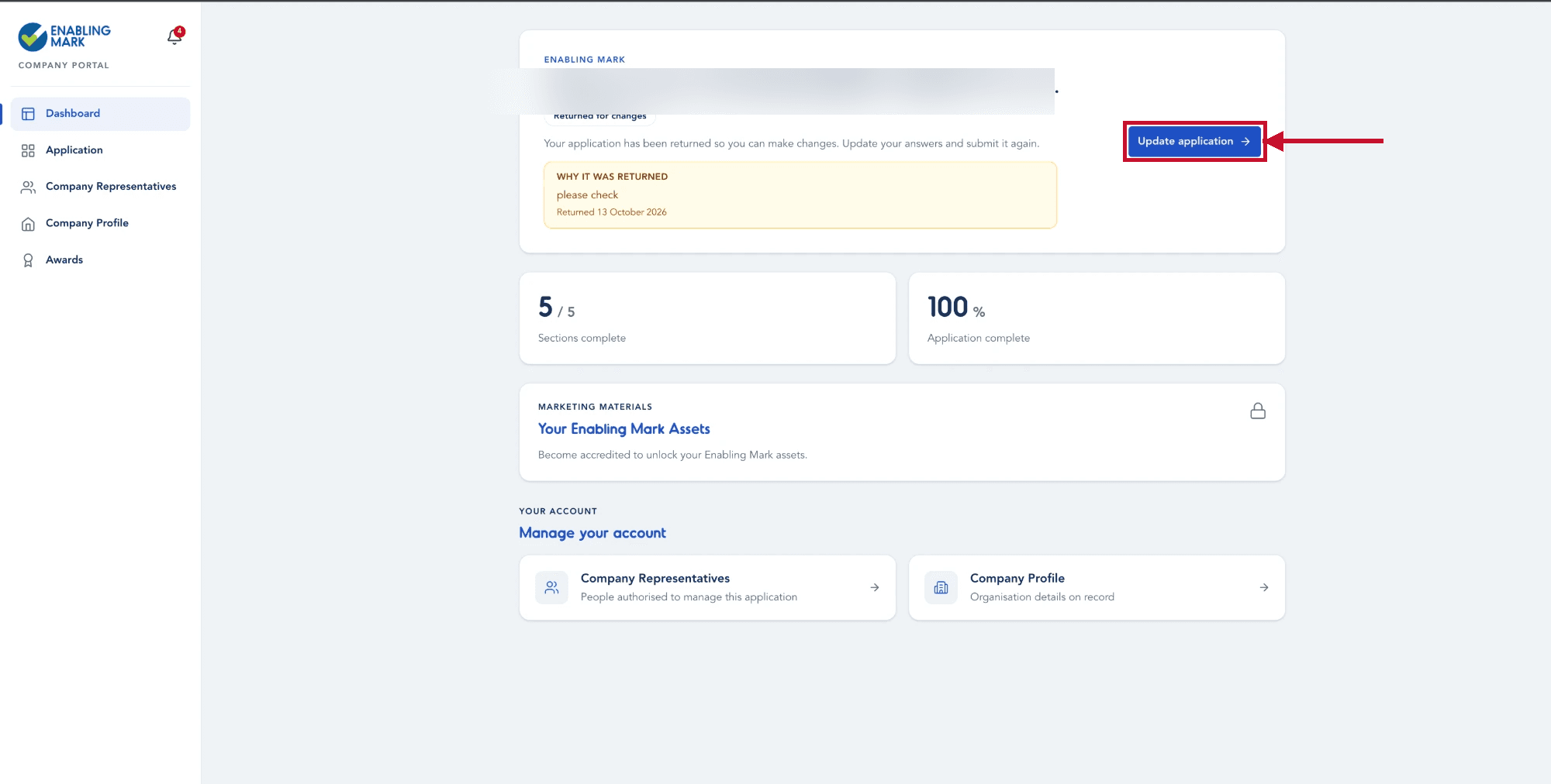 Dashboard with Update application button highlighted