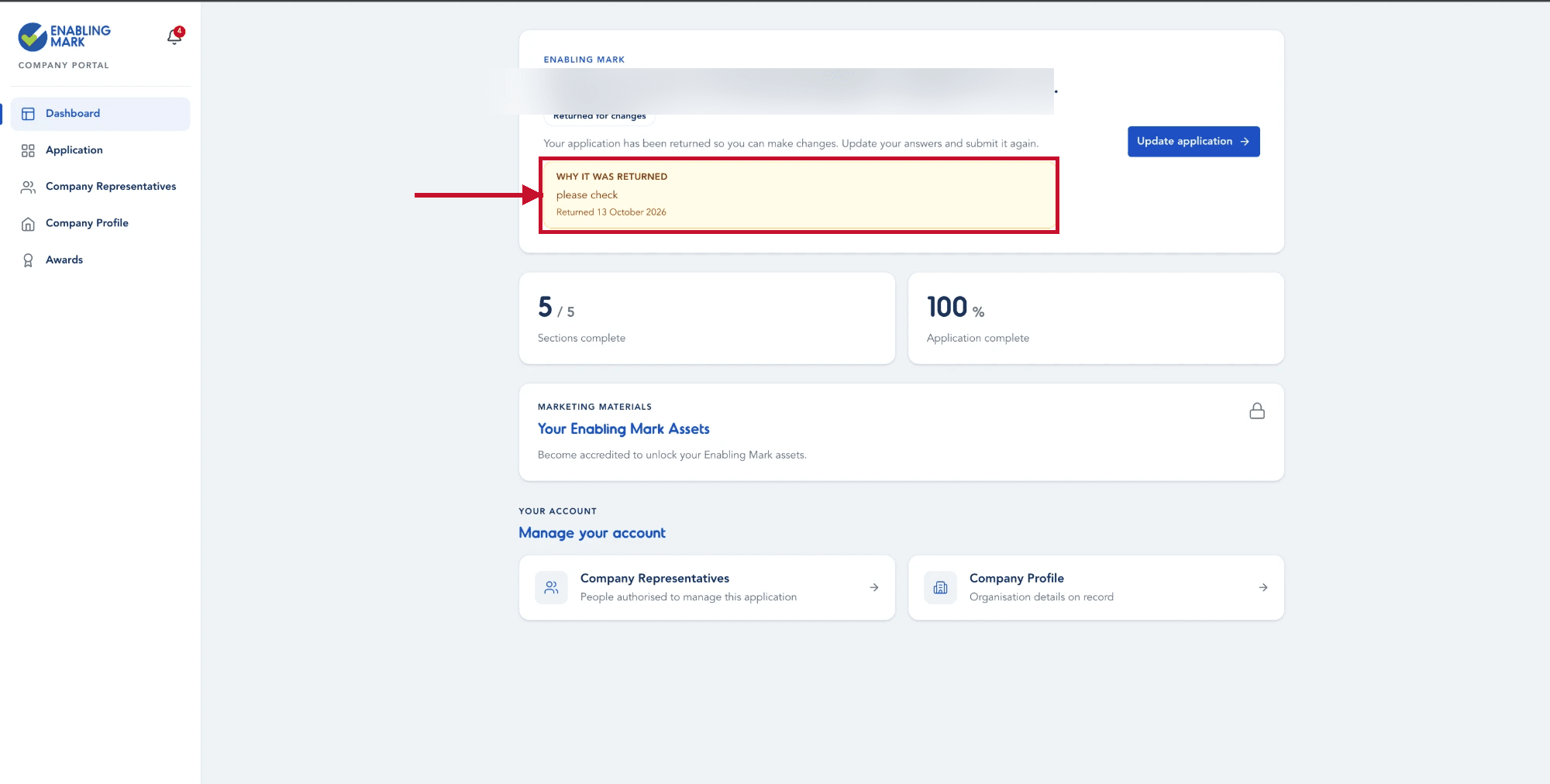 Dashboard showing why the application was returned