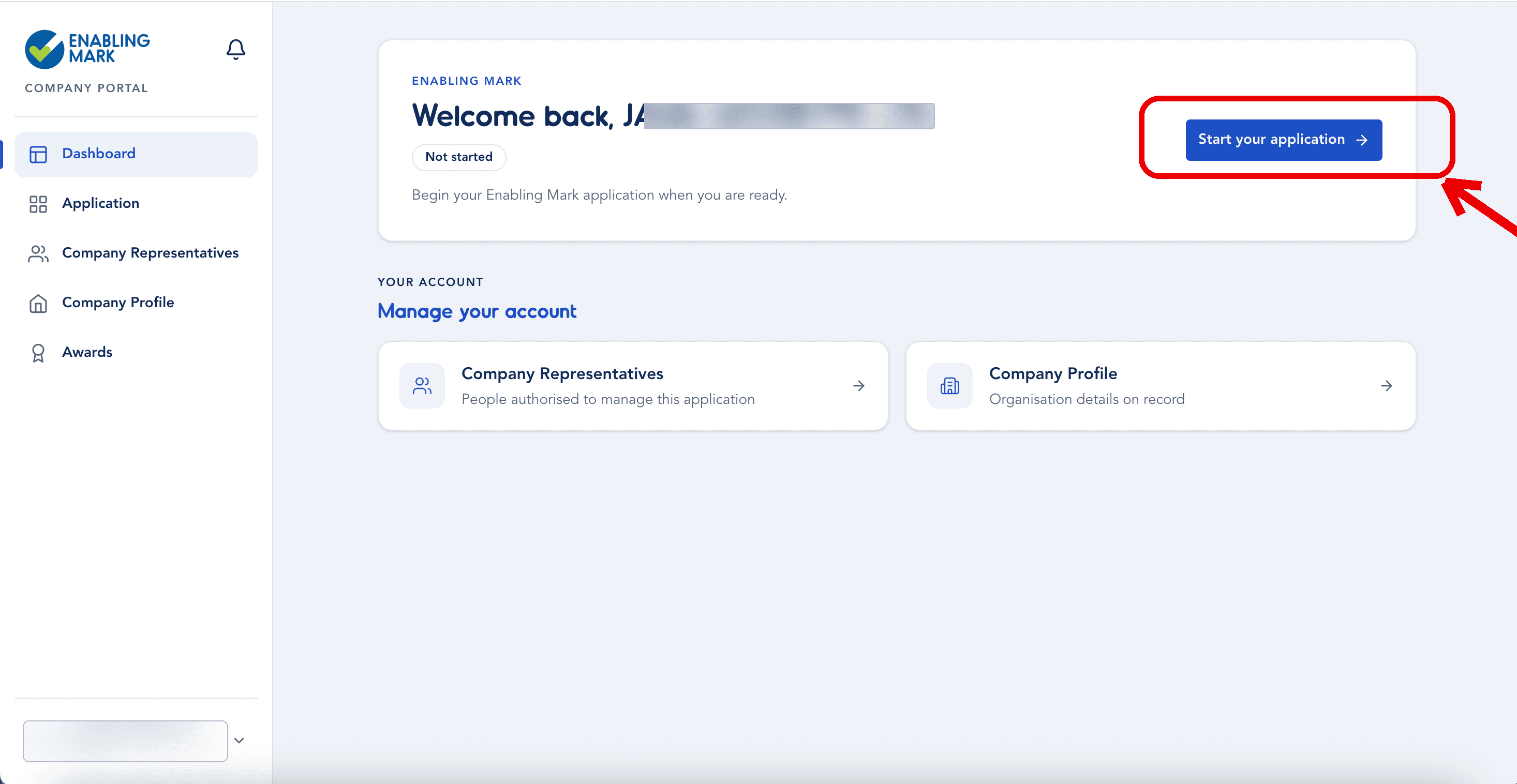 Start your application button on the company dashboard