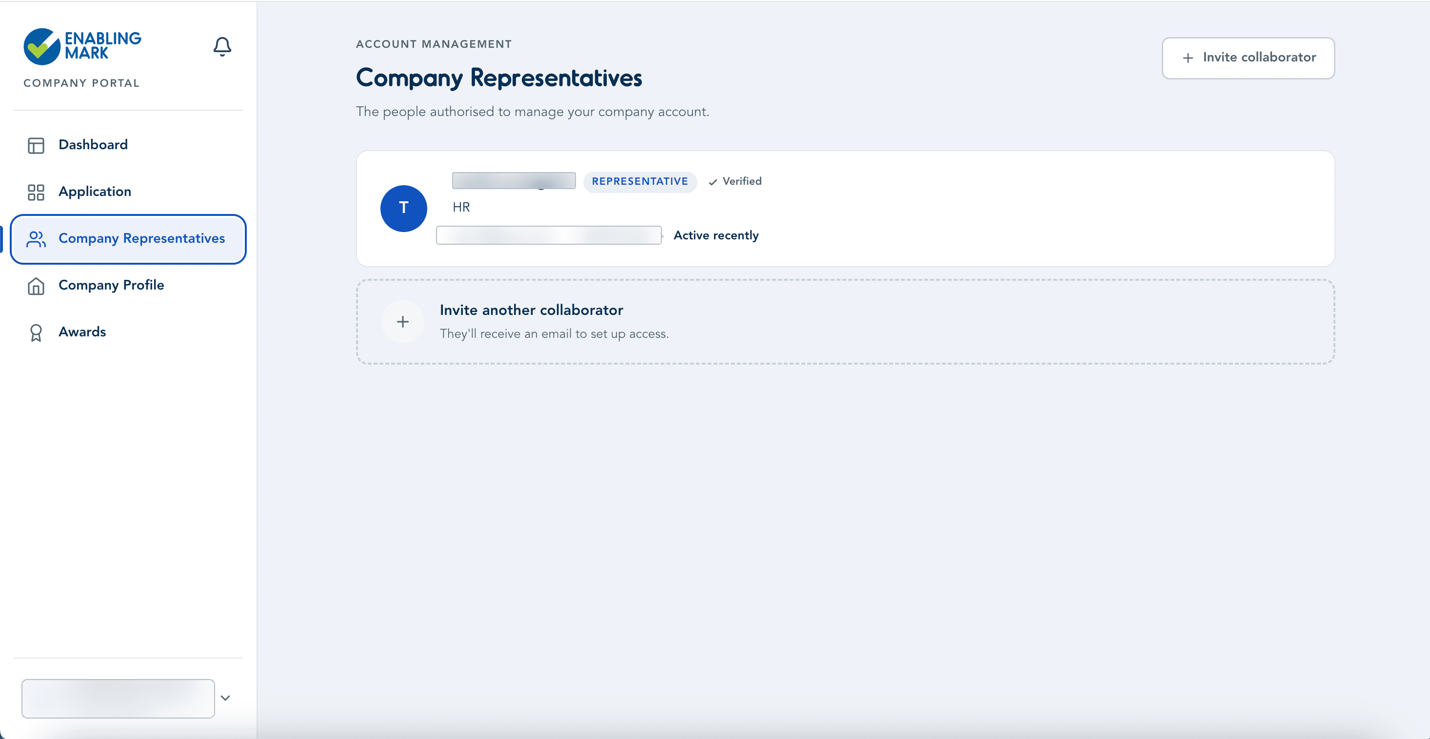 Company Representatives list with invite option