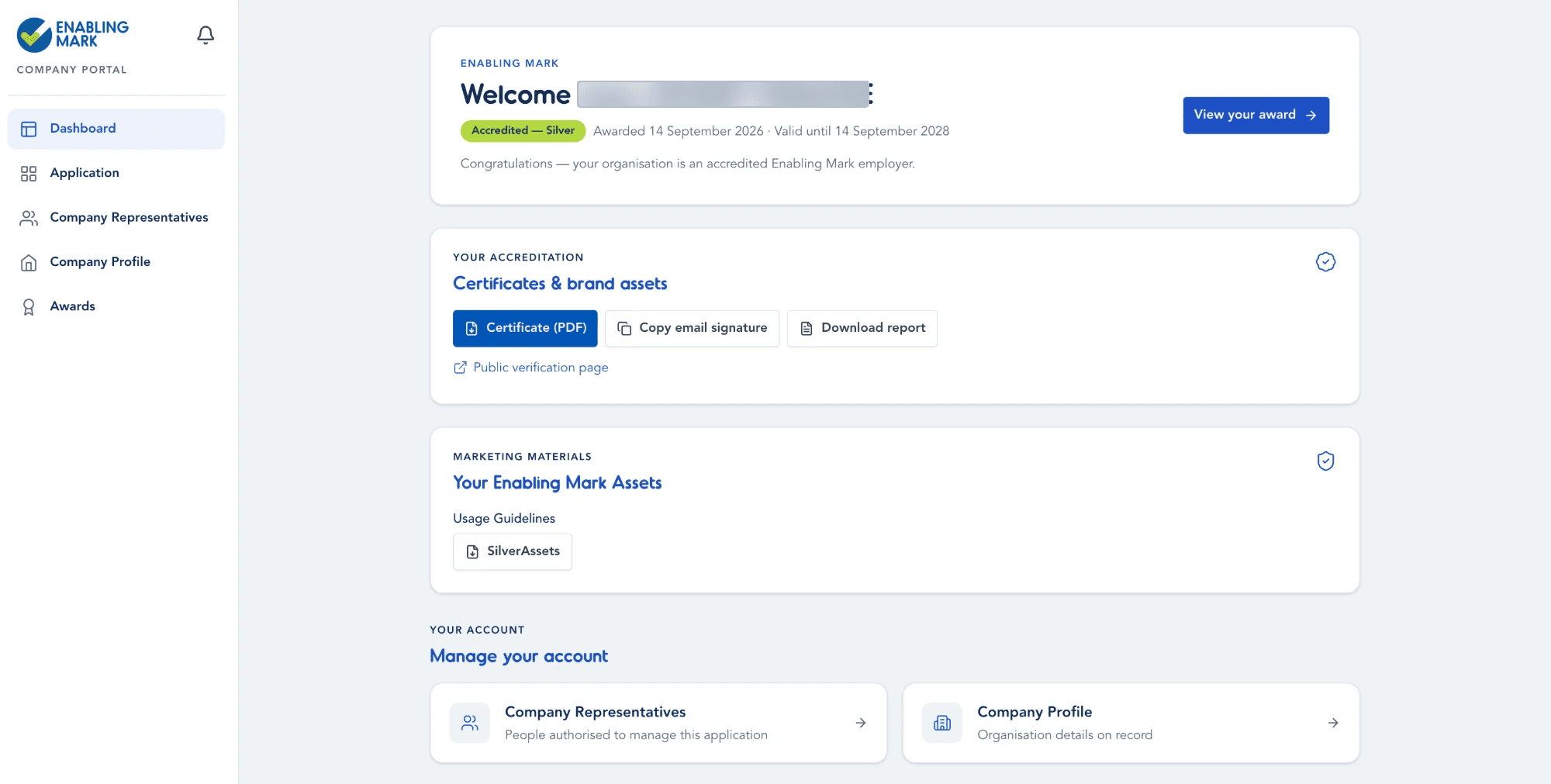 Dashboard — award status and downloads