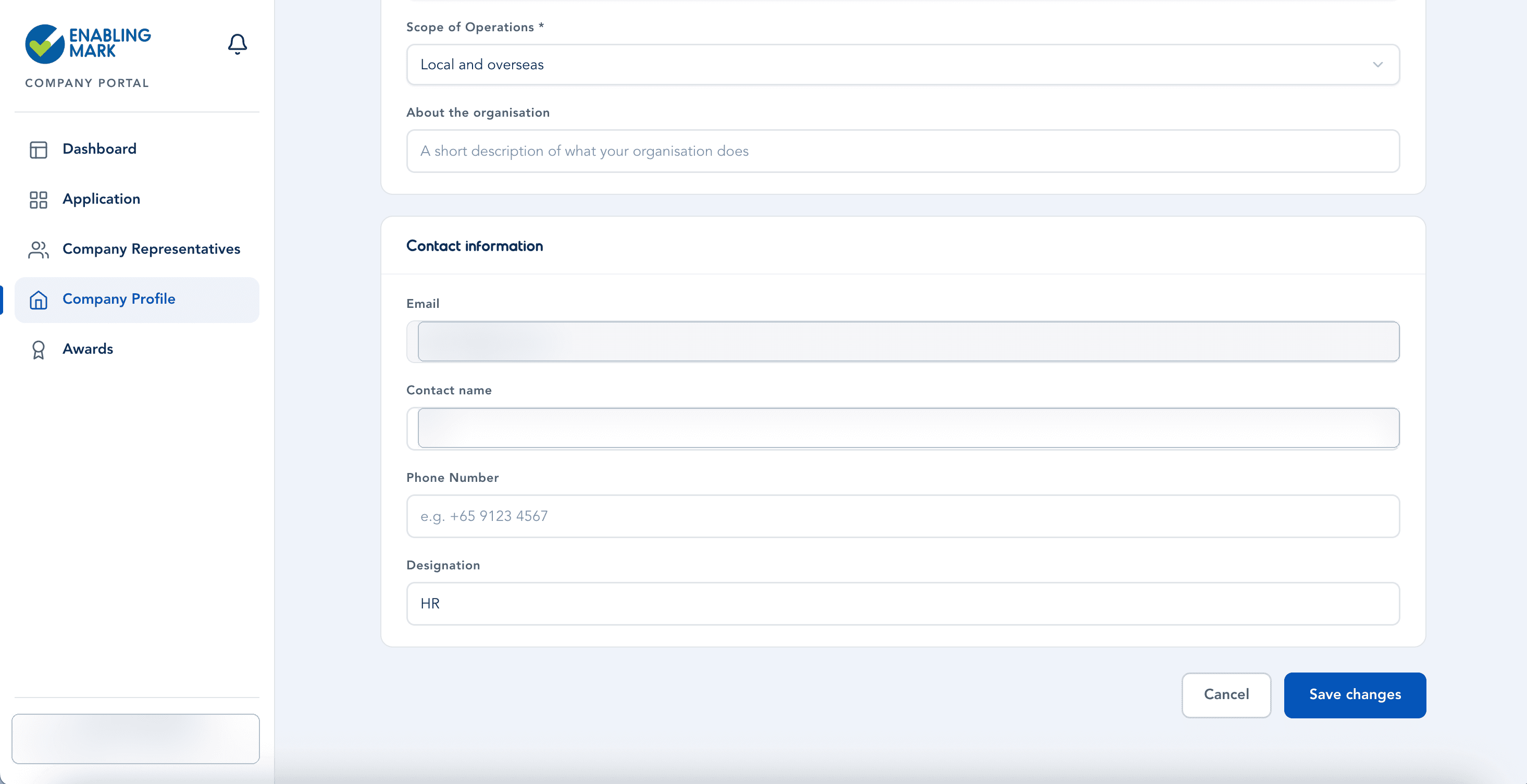 Edit company profile — contact information