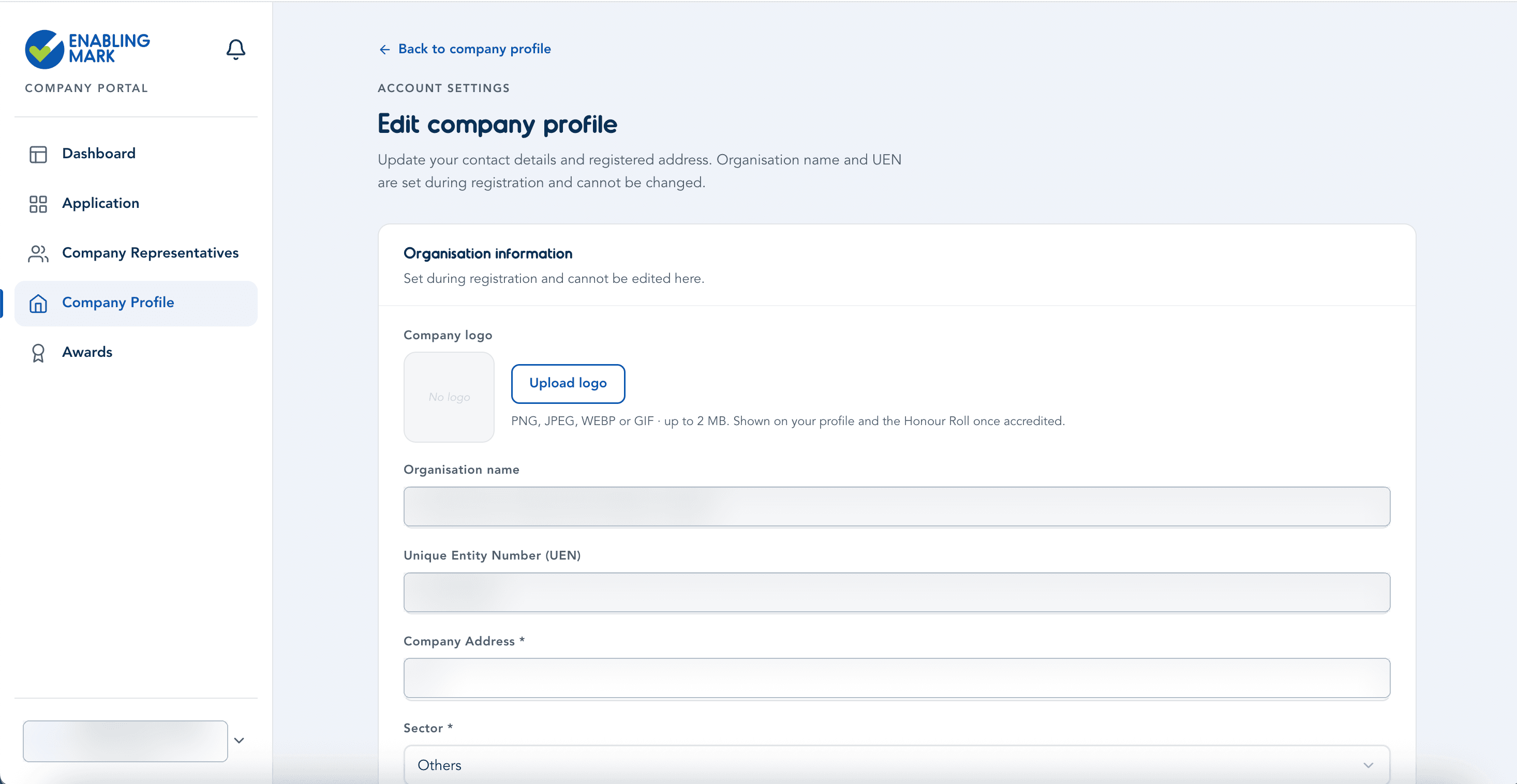 Edit company profile — organisation information