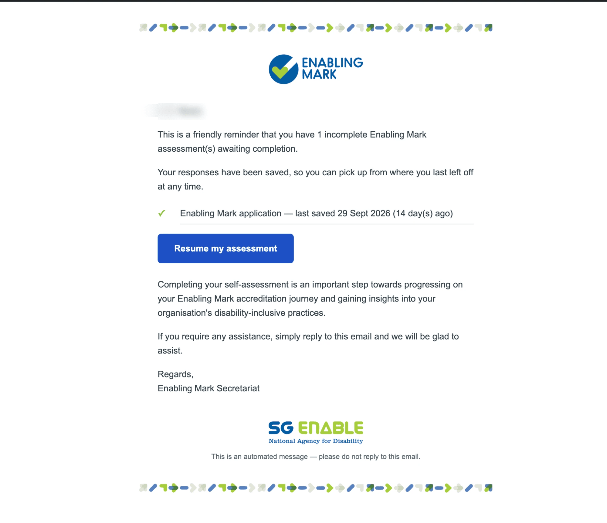 Incomplete application reminder email