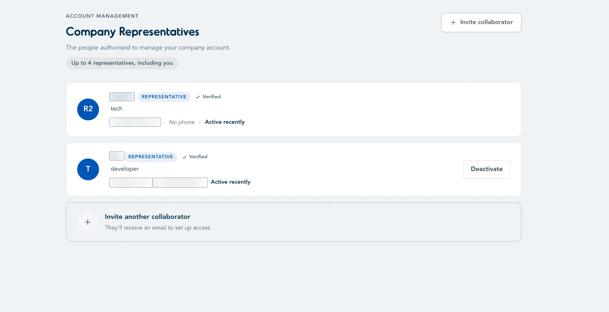 Company Representatives list with Deactivate option