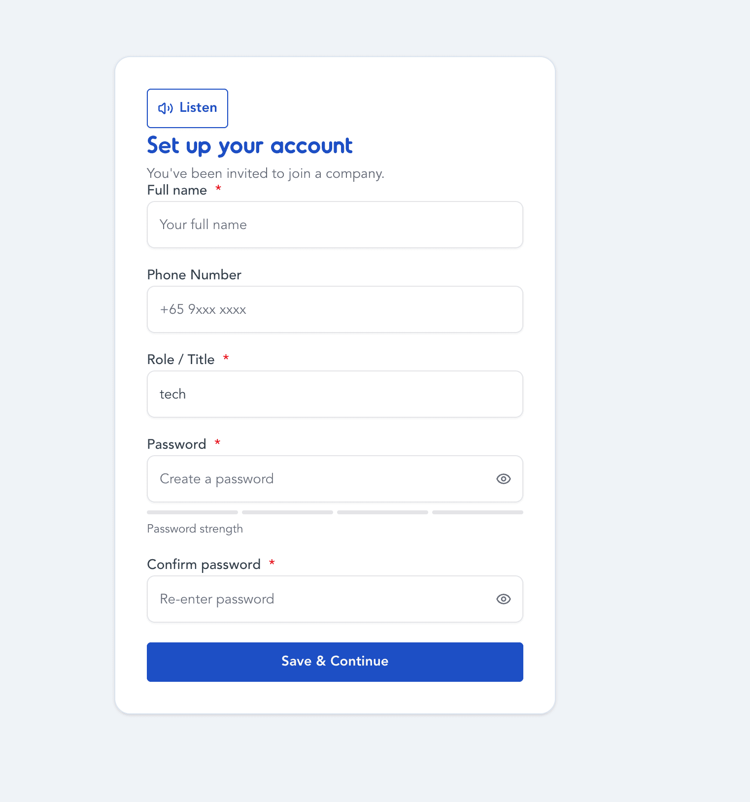 Set up your account page